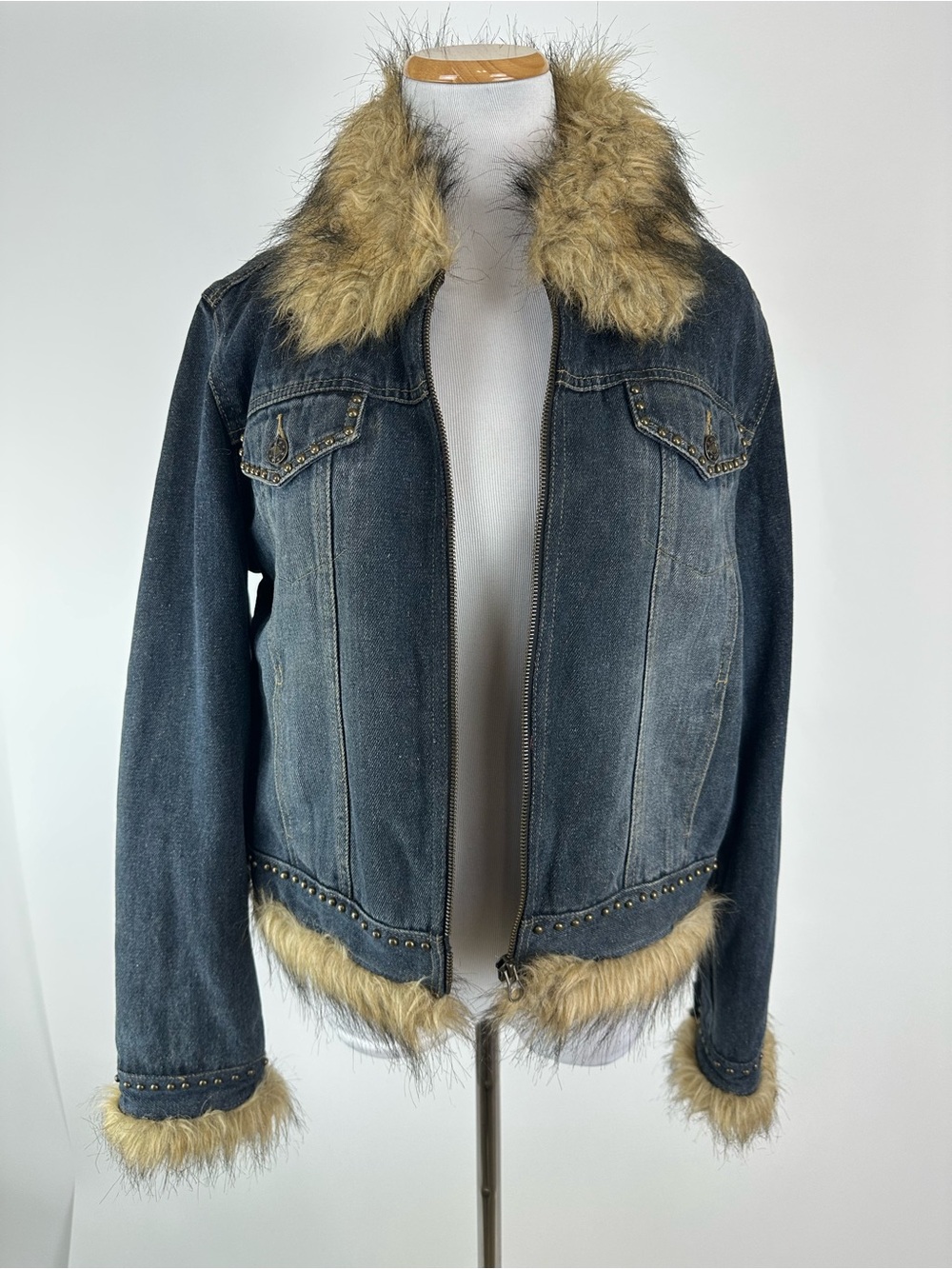 Giacca Western Denim Jacket Faux Fur Trim Stud Embellished Quilted Lining Large
